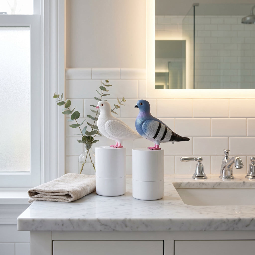 Dispenser per sapone a forma di piccione con possibilità di ricarica