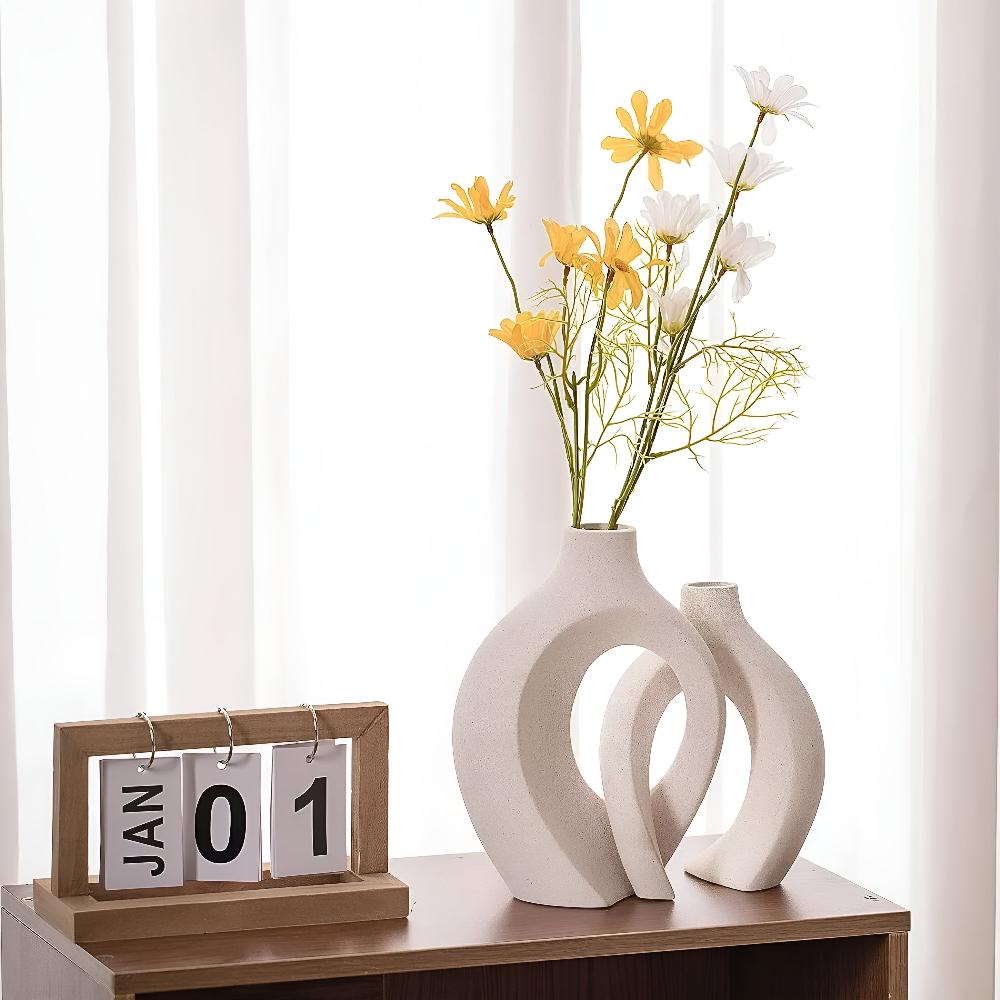 Melorin | Coppia di Vasi in Ceramica Scultorea con Finitura Matte Neutro per Interni Minimalisti e Contemporanei