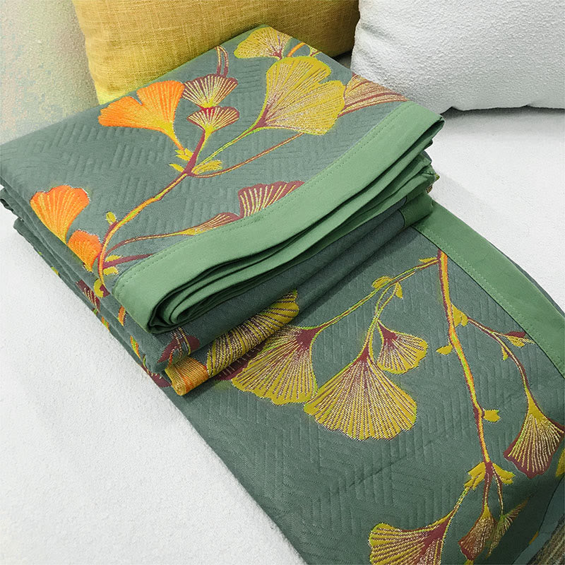 Sorika | Coperta in Cotone con Foglia di Ginkgo Reversibile e Design Jacquard con Miscela di Fibra di Soia