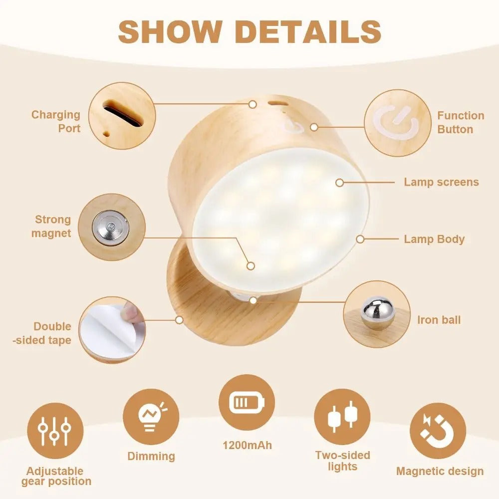 Lampada da Parete LED in Legno Rotante per Decorazione Interna