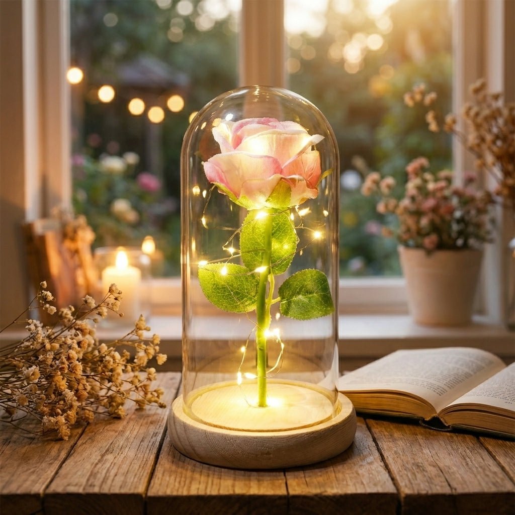 Flore – Rosa in Cupola di Vetro con Illuminazione a LED