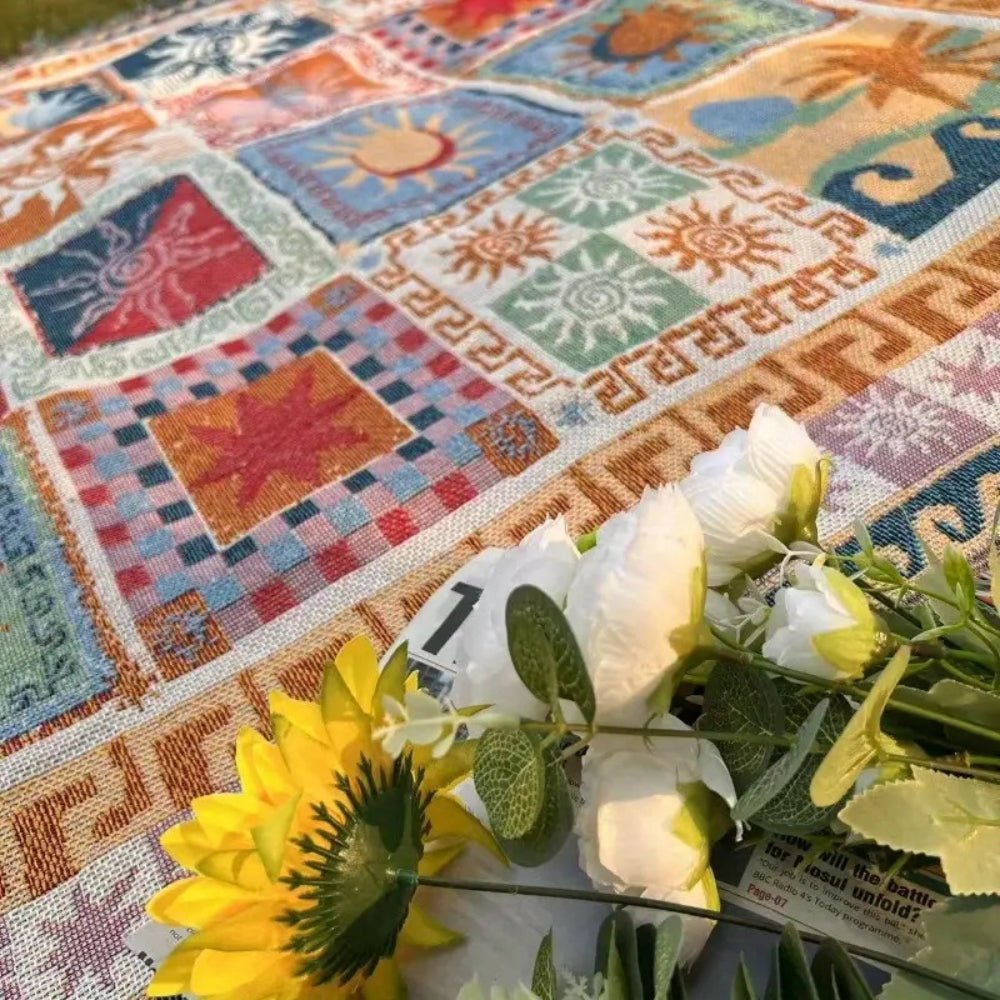 Coperta da picnic intrecciata con motivo Boho-patchwork e frange