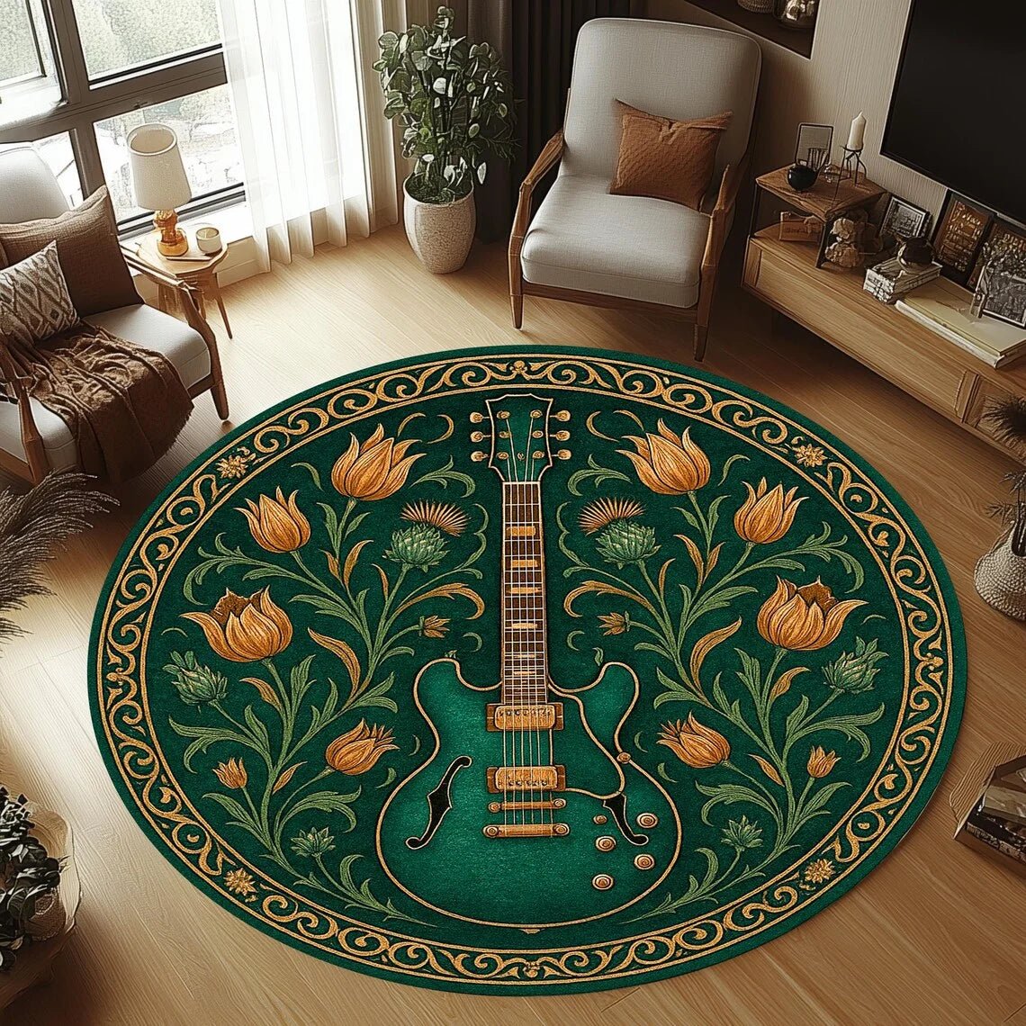GUITARWAVE – Tappeto per Chitarra in Flanella Tondo, Antiscivolo e Lavabile in Lavatrice per Stanza dei Bambini