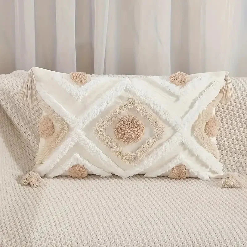 Teni | Copricuscino in Cotone Trapuntato con Motivo Geometrico e Finiture con Frange per Divano e Camera da Letto