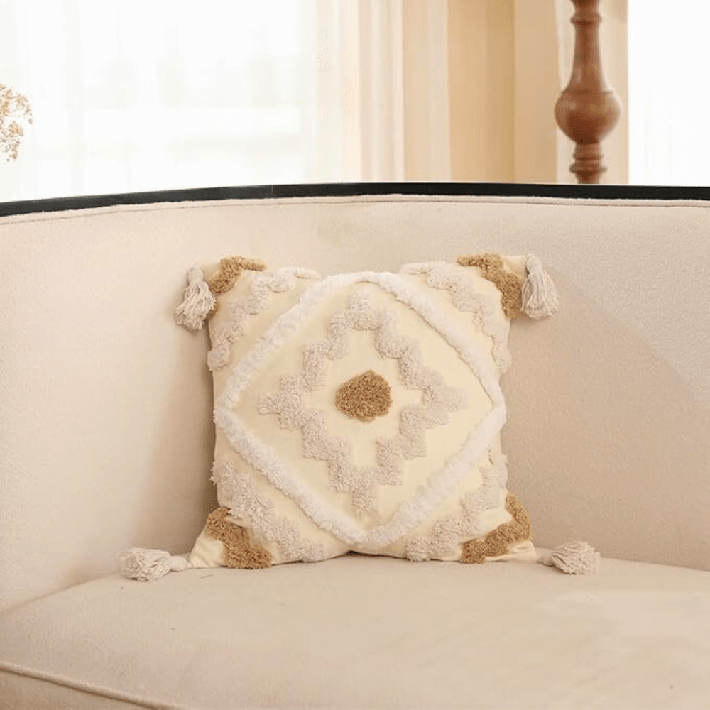 Teni | Copricuscino in Cotone Trapuntato con Motivo Geometrico e Finiture con Frange per Divano e Camera da Letto