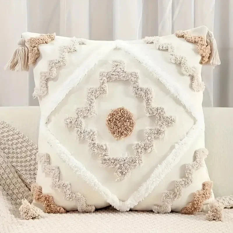 Teni | Copricuscino in Cotone Trapuntato con Motivo Geometrico e Finiture con Frange per Divano e Camera da Letto