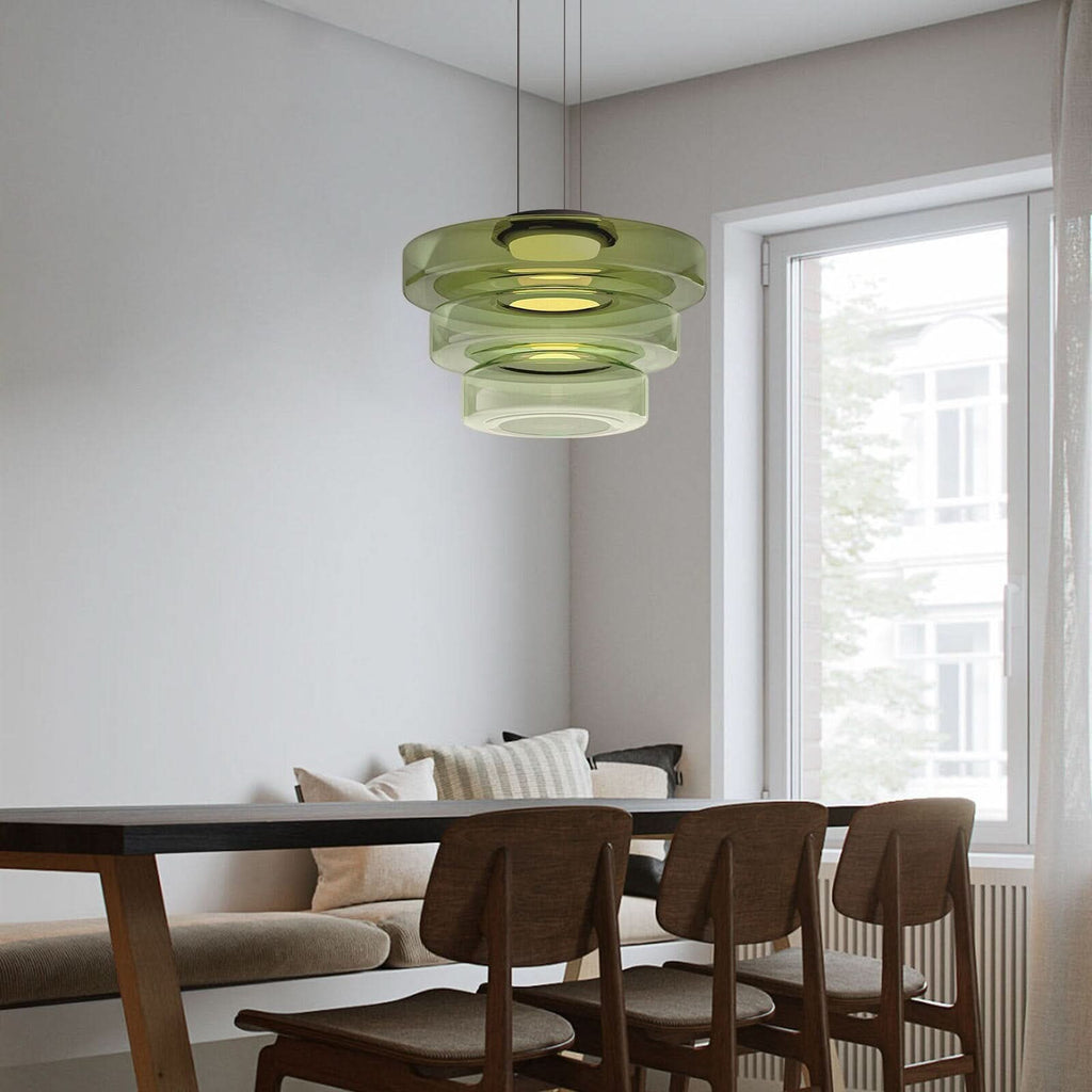 Lampada a sospensione in vetro Bauhaus con lampadina LED calda