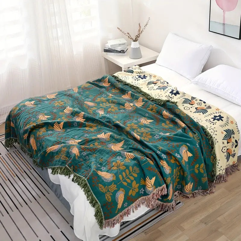 Coperta Reversibile Scandinava con Uccelli | Coperta in Cotone 100%
