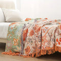 Coperta in Cotone Boho Florale con Frange – Crema e Arancione