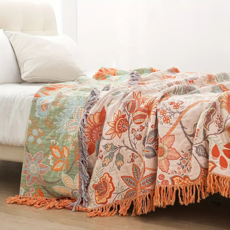 Talira | Coperta in Cotone Boho con Motivo Floreale e Design con Frange Decorative