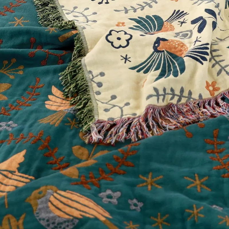 Coperta Reversibile Scandinava con Uccelli | Coperta in Cotone 100%