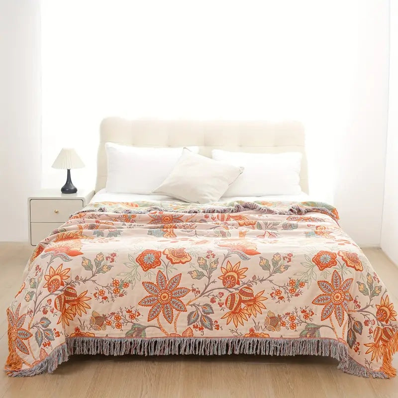 Talira | Coperta in Cotone Boho con Motivo Floreale e Design con Frange Decorative