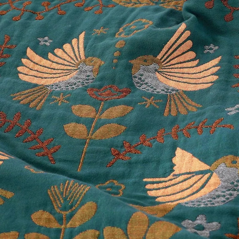 Coperta Reversibile Scandinava con Uccelli | Coperta in Cotone 100%