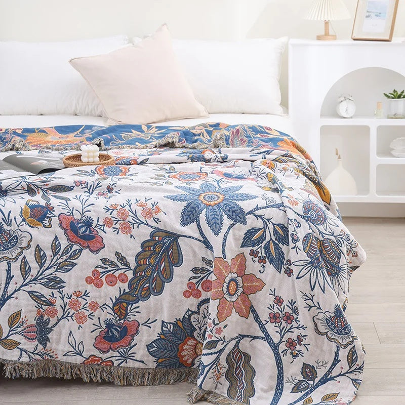 Veldry | Coperta in Cotone con Motivo Floreale Jacquard e Frange per Decorare il Soggiorno e la Camera da Letto