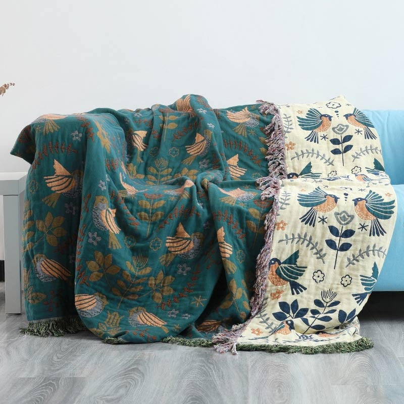 Coperta Reversibile Scandinava con Uccelli | Coperta in Cotone 100%