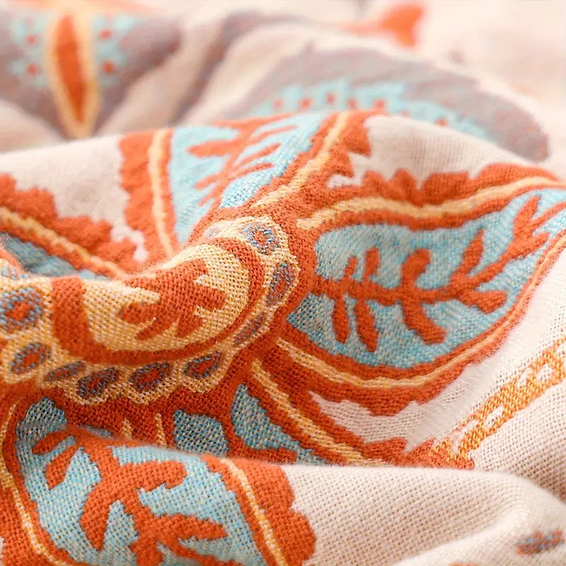 Coperta in Cotone Boho Florale con Frange – Crema e Arancione