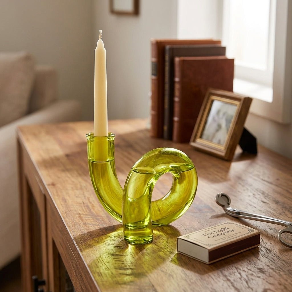 Portacandele verde con una forma scultorea unica