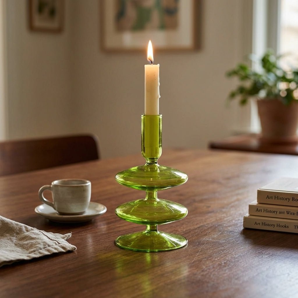 Portacandele verde con una forma scultorea unica