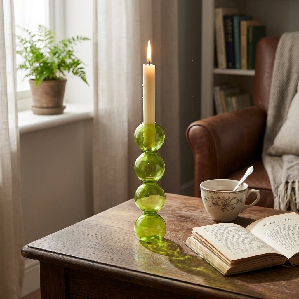 Portacandele verde con una forma scultorea unica