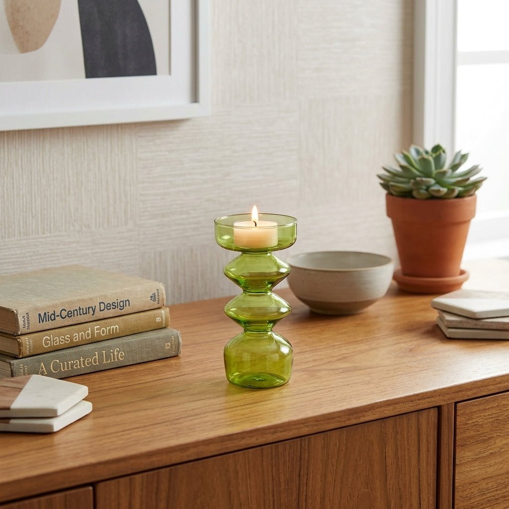 Portacandele verde con una forma scultorea unica