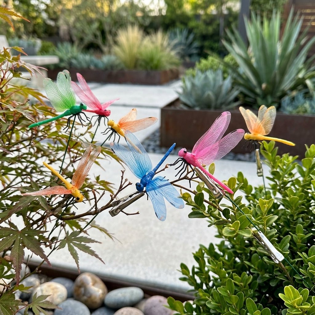 Set di 5 stecche da giardino a forma di libellula con supporto a clip