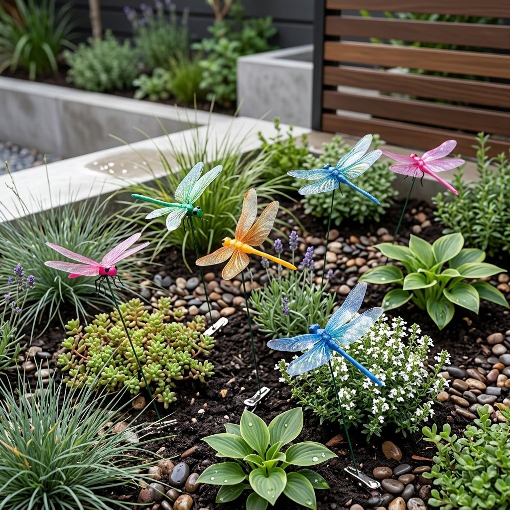 Set di 5 stecche da giardino a forma di libellula con supporto a clip