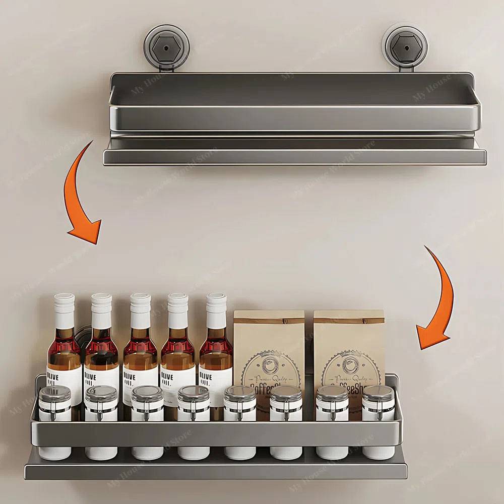 Organizzatore di spezie a ventosa da parete per la cucina, facile accesso e stoccaggio