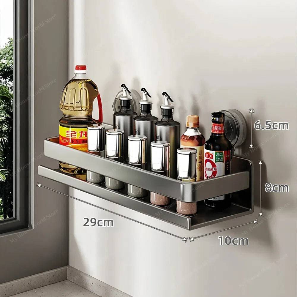 Organizzatore di spezie a ventosa da parete per la cucina, facile accesso e stoccaggio