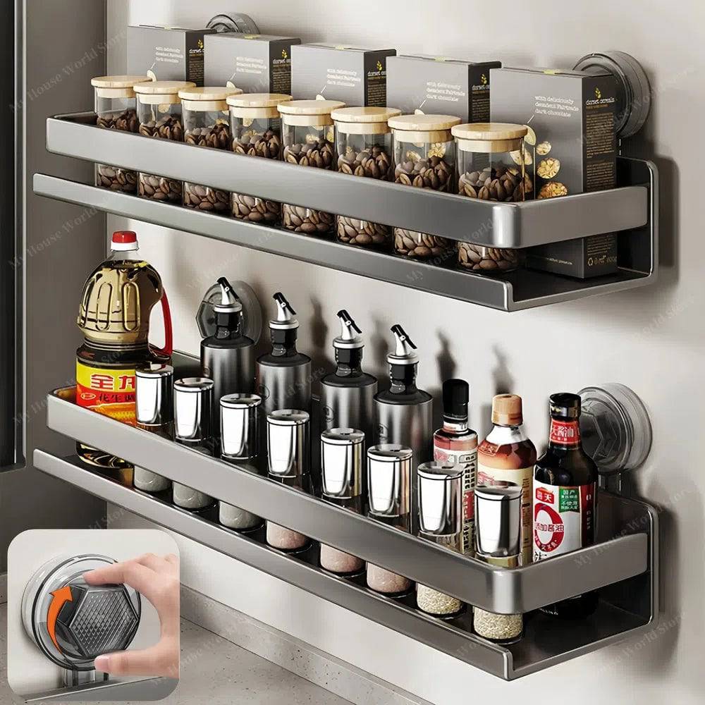 Organizzatore di spezie a ventosa da parete per la cucina, facile accesso e stoccaggio