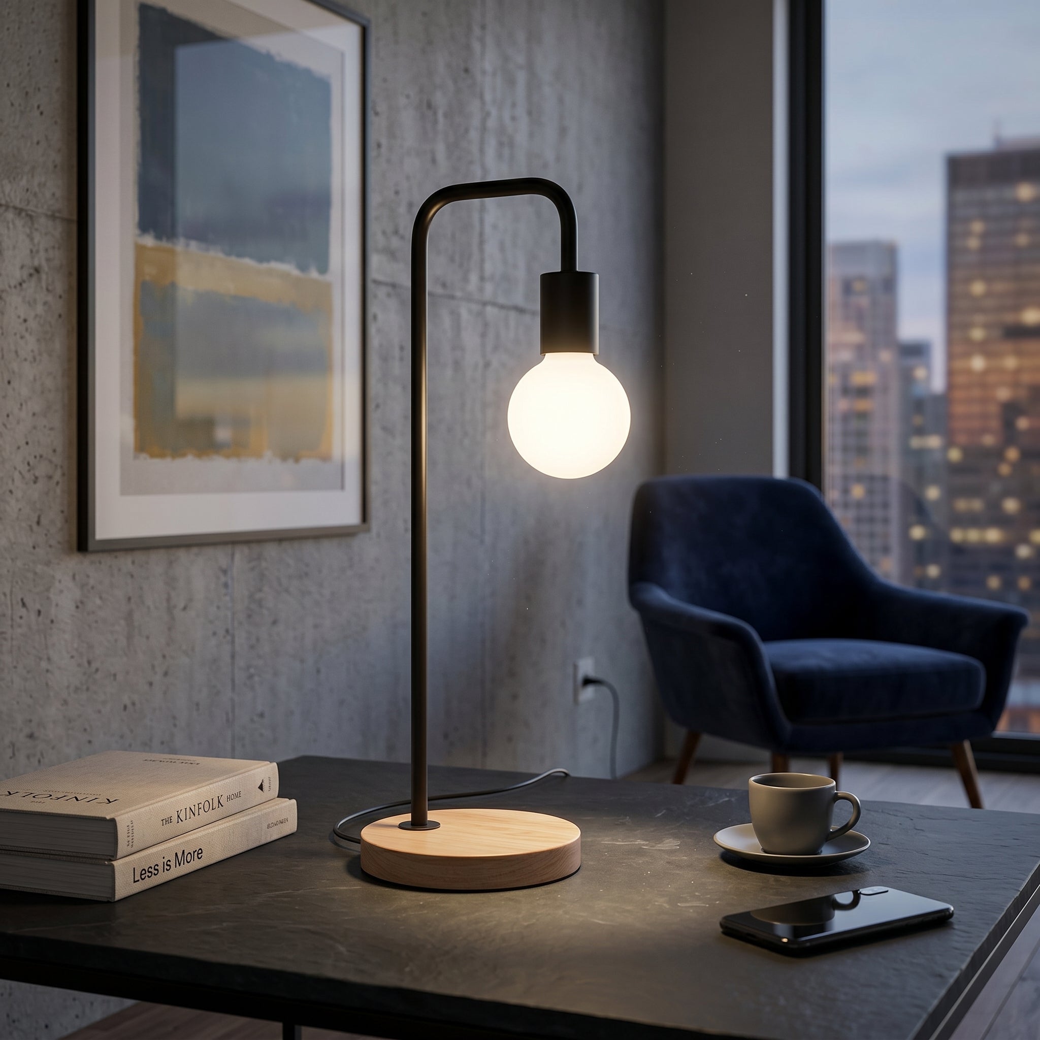 Lampada da tavolo minimalista con braccio in metallo curvo