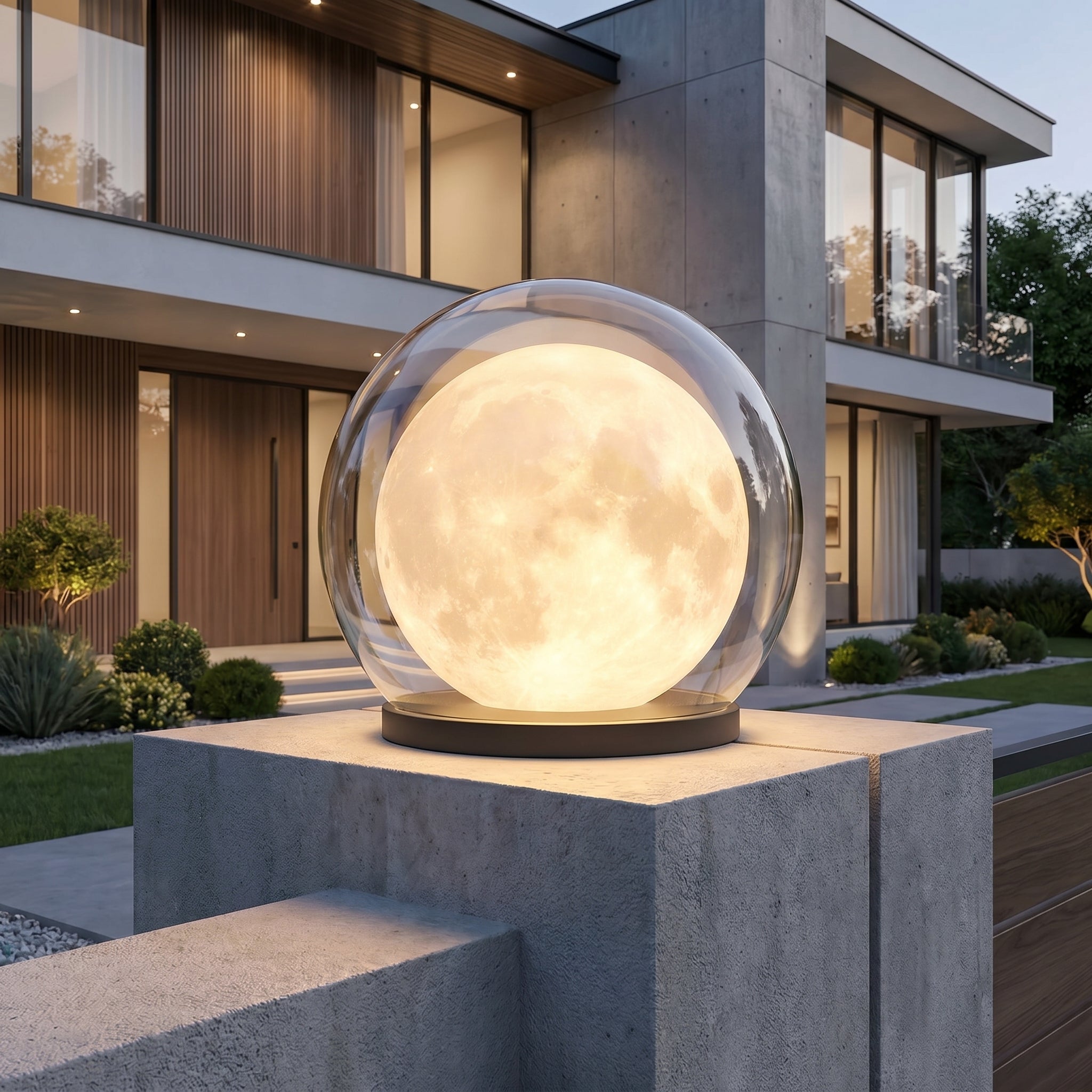 Moderna lampada da esterno a forma di sfera con schermo in vetro