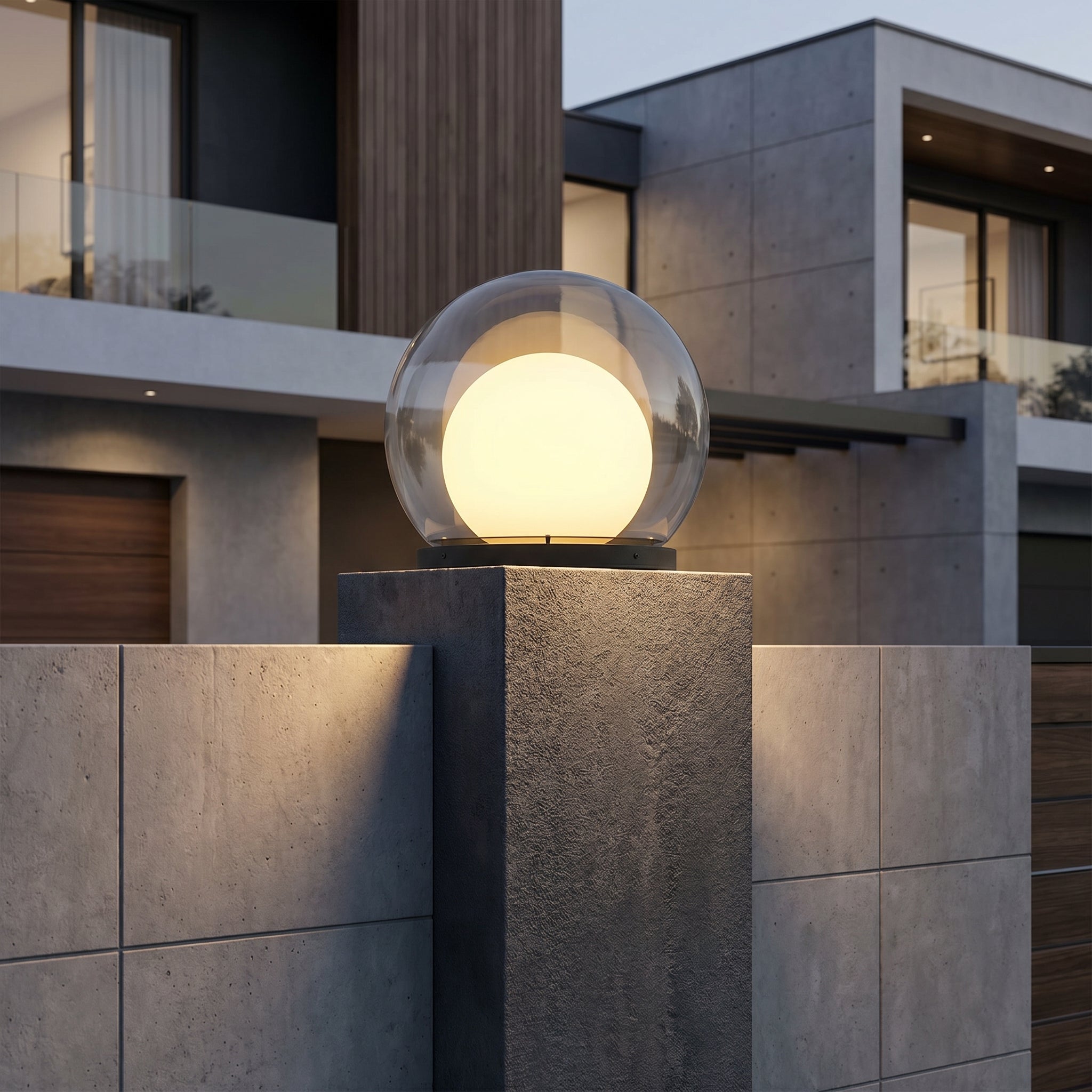 Moderna lampada da esterno a forma di sfera con schermo in vetro