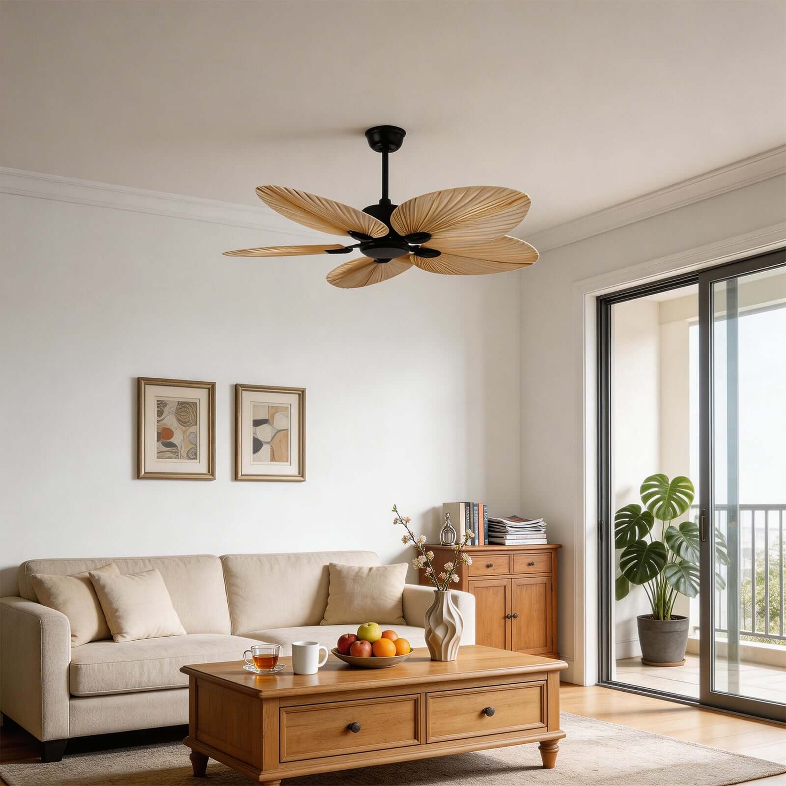 Tero | Ventilatore a soffitto in foglie di palma naturale da 132 cm con telecomando a 6 velocità per soggiorno e camera da letto
