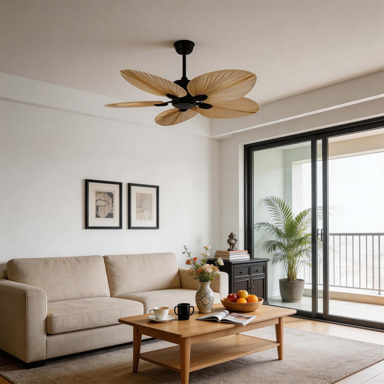 Tero | Ventilatore a soffitto in foglie di palma naturale da 132 cm con telecomando a 6 velocità per soggiorno e camera da letto