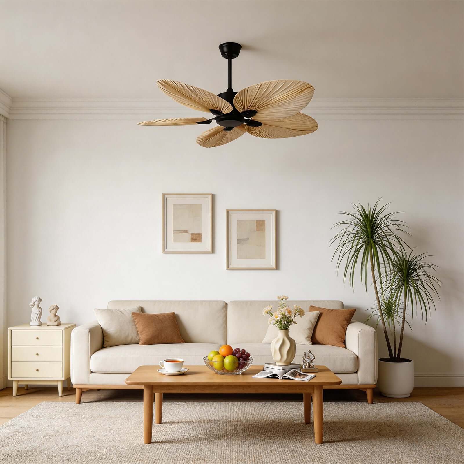 Tero | Ventilatore a soffitto in foglie di palma naturale da 132 cm con telecomando a 6 velocità per soggiorno e camera da letto