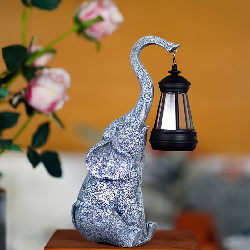 Lampada da Giardino Solare a Forma di Elefante con Effetto Pietra e Lanterna