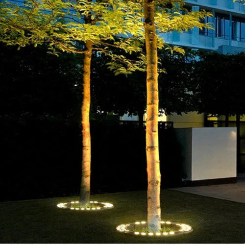 Valeris | Illuminazione LED per alberi con design a anello a terra da 360° e grado di protezione IP65 per giardini e paesaggi