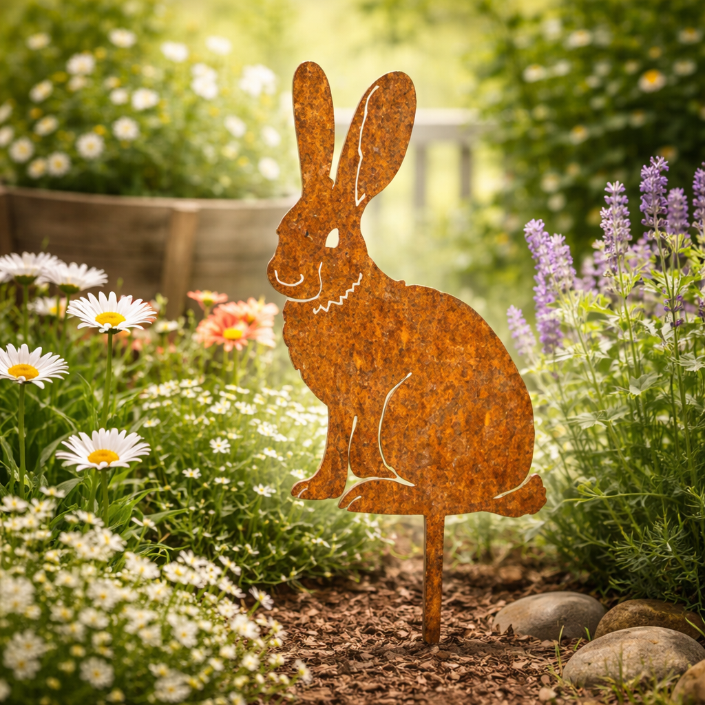 RABBITRAIL – Paletto da Giardino in Metallo Rustico a Forma di Coniglio per Decorazioni Esterne in Stile Country