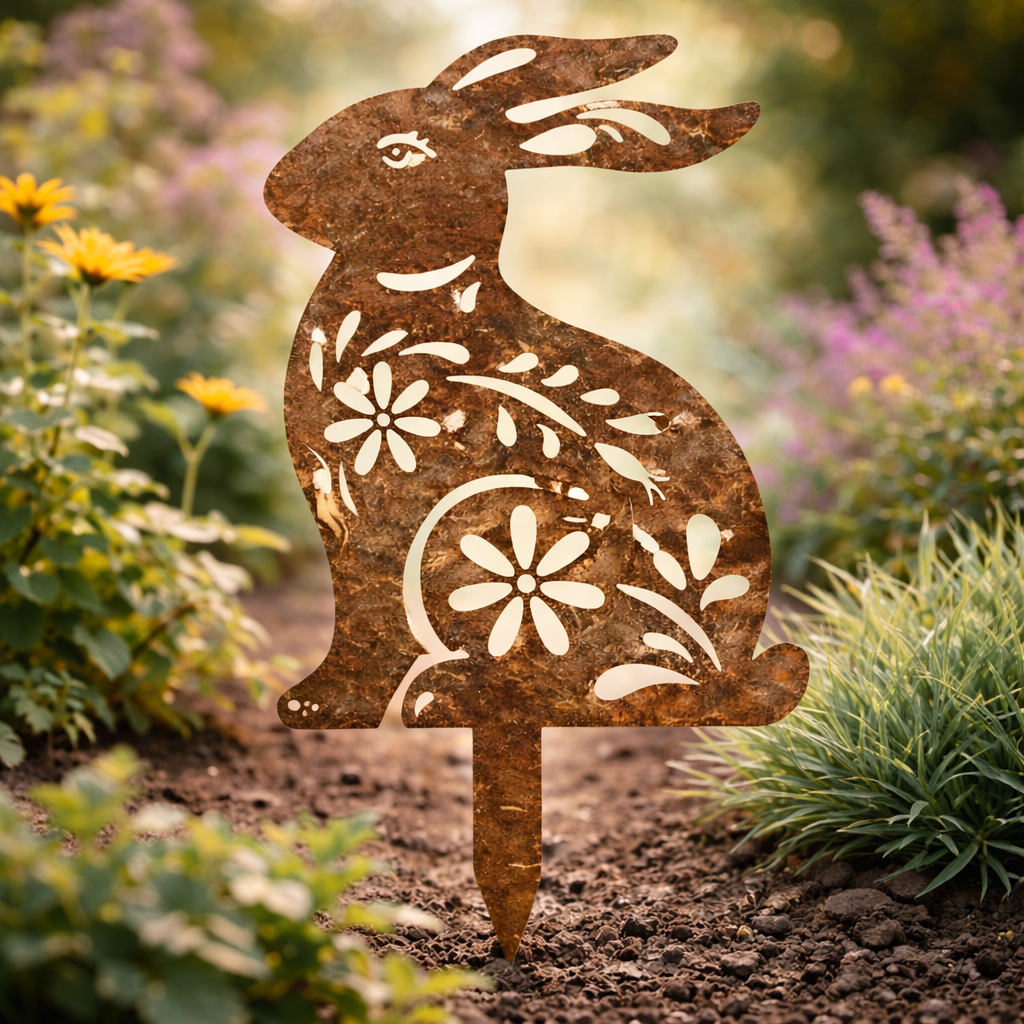 RABBITRAIL – Paletto da Giardino in Metallo Rustico a Forma di Coniglio per Decorazioni Esterne in Stile Country