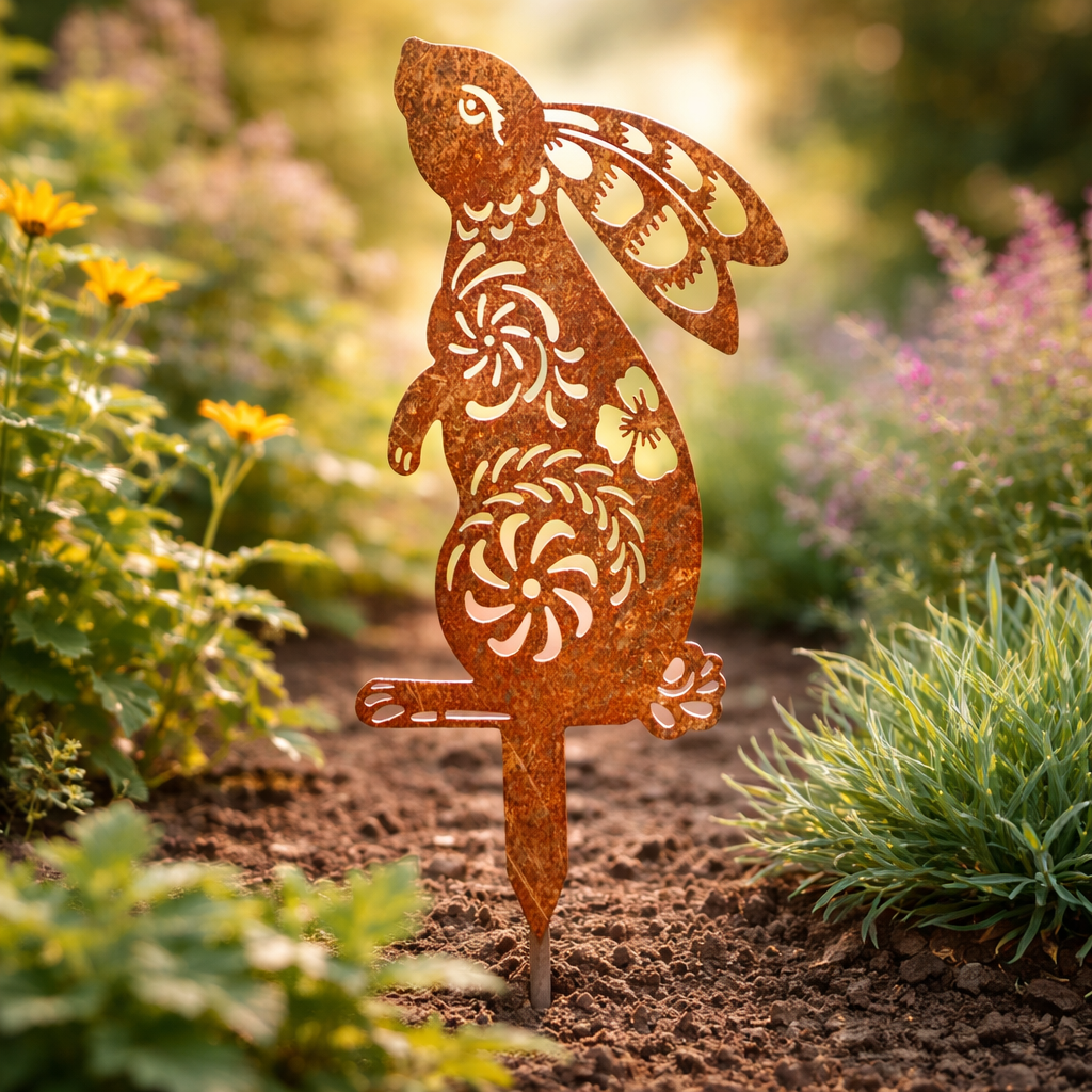 RABBITRAIL – Paletto da Giardino in Metallo Rustico a Forma di Coniglio per Decorazioni Esterne in Stile Country