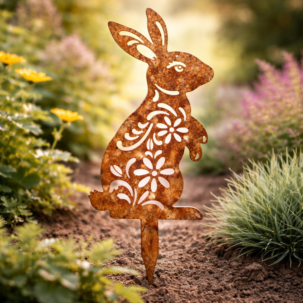 RABBITRAIL – Paletto da Giardino in Metallo Rustico a Forma di Coniglio per Decorazioni Esterne in Stile Country