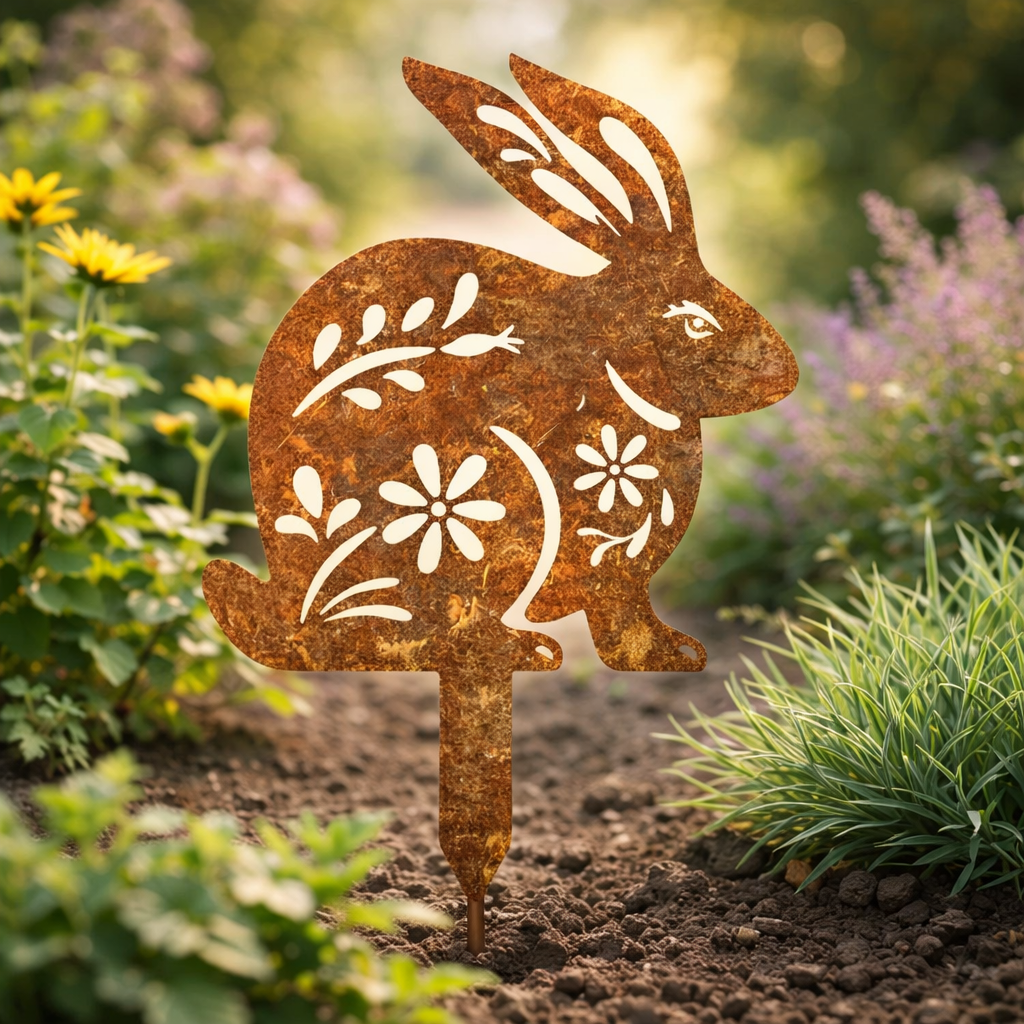 RABBITRAIL – Paletto da Giardino in Metallo Rustico a Forma di Coniglio per Decorazioni Esterne in Stile Country