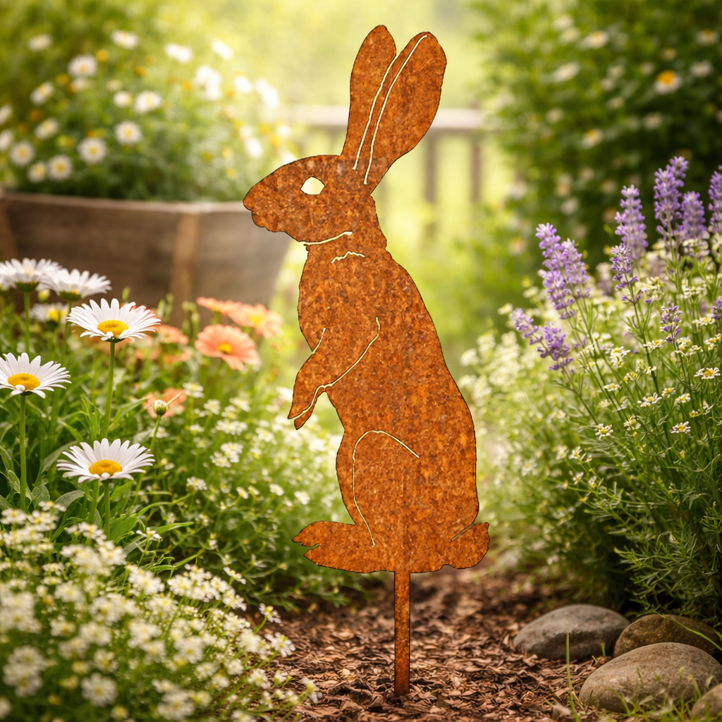 RABBITRAIL – Paletto da Giardino in Metallo Rustico a Forma di Coniglio per Decorazioni Esterne in Stile Country