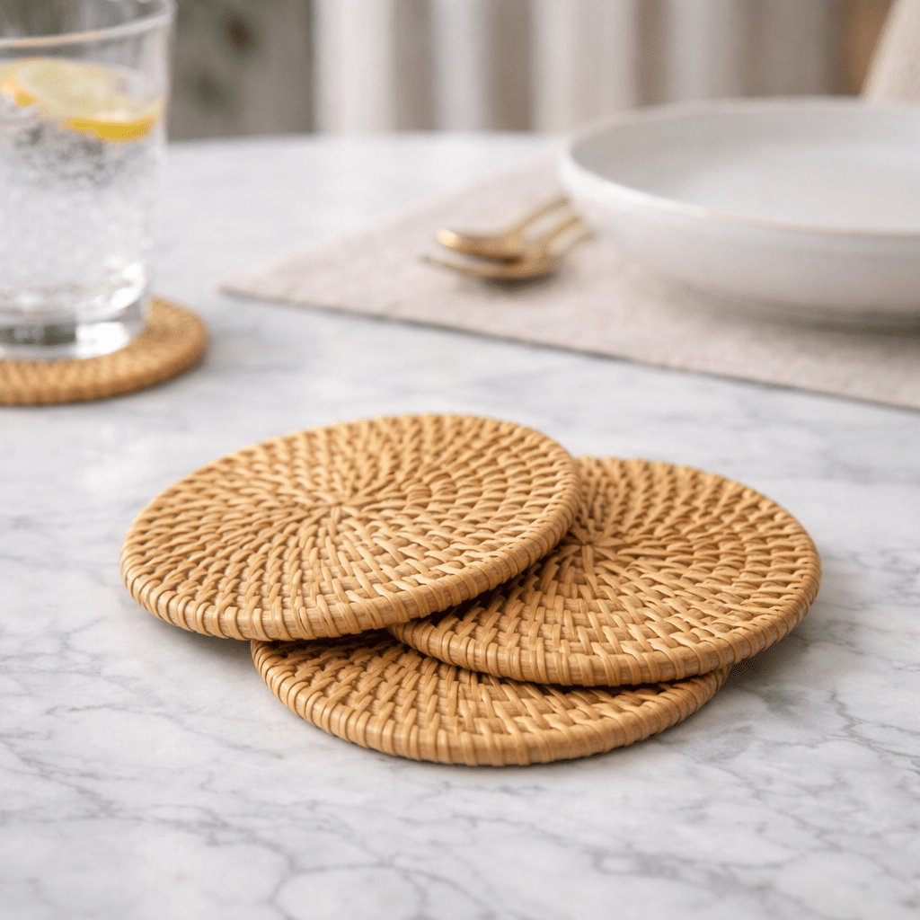 RATTANRA – Sottobicchieri in Rattan Termoisolanti per la Protezione del Tavolo