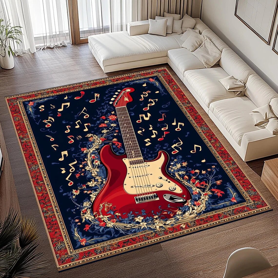 RETROMELODY – Tappeto Area con Stampa di Chitarra Vintage in Flanella Morbida Antiscivolo per Decorazione della Casa