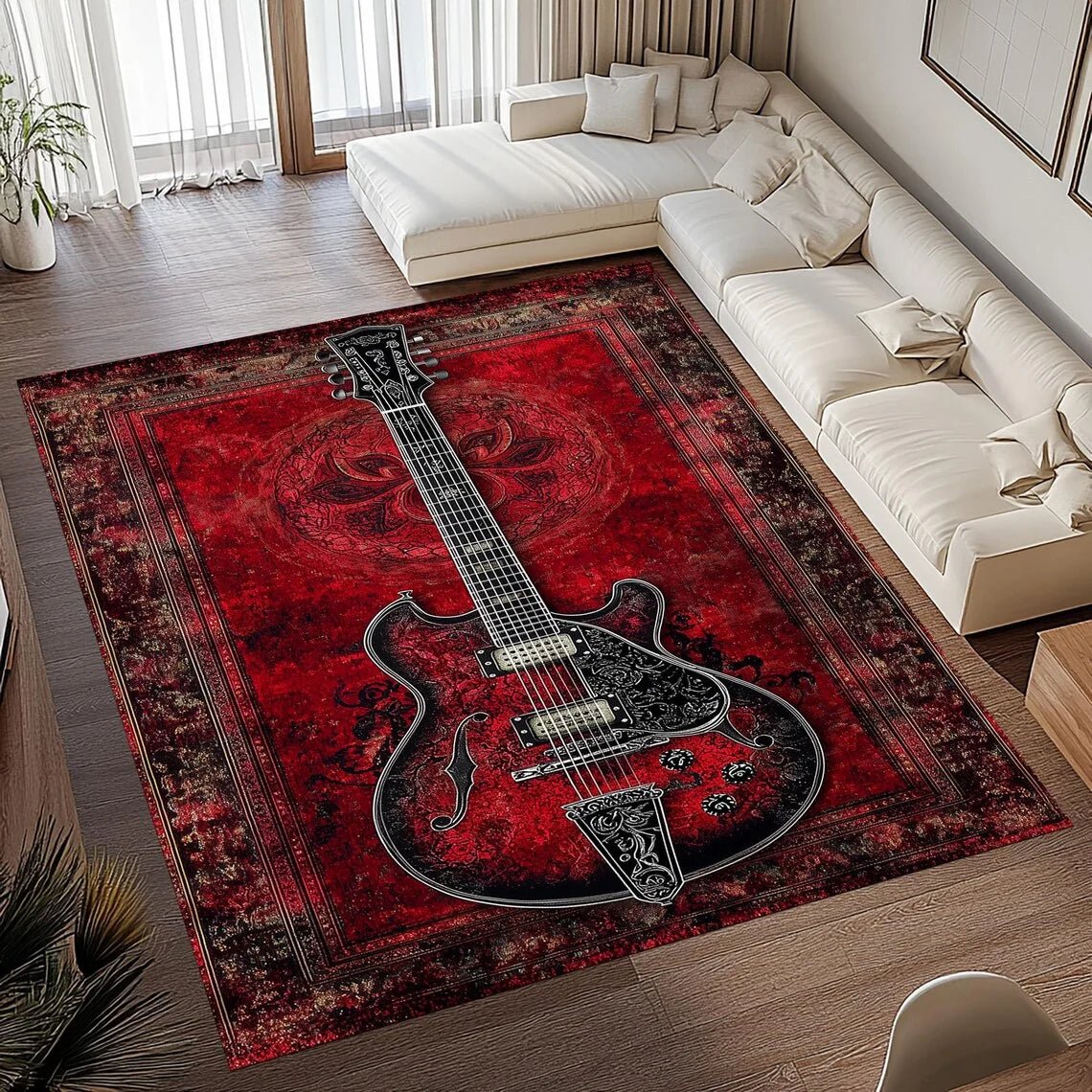 RETROMELODY – Tappeto Area con Stampa di Chitarra Vintage in Flanella Morbida Antiscivolo per Decorazione della Casa