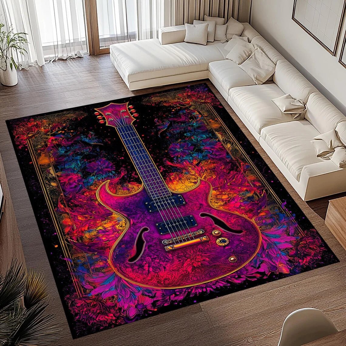 RETROMELODY – Tappeto Area con Stampa di Chitarra Vintage in Flanella Morbida Antiscivolo per Decorazione della Casa