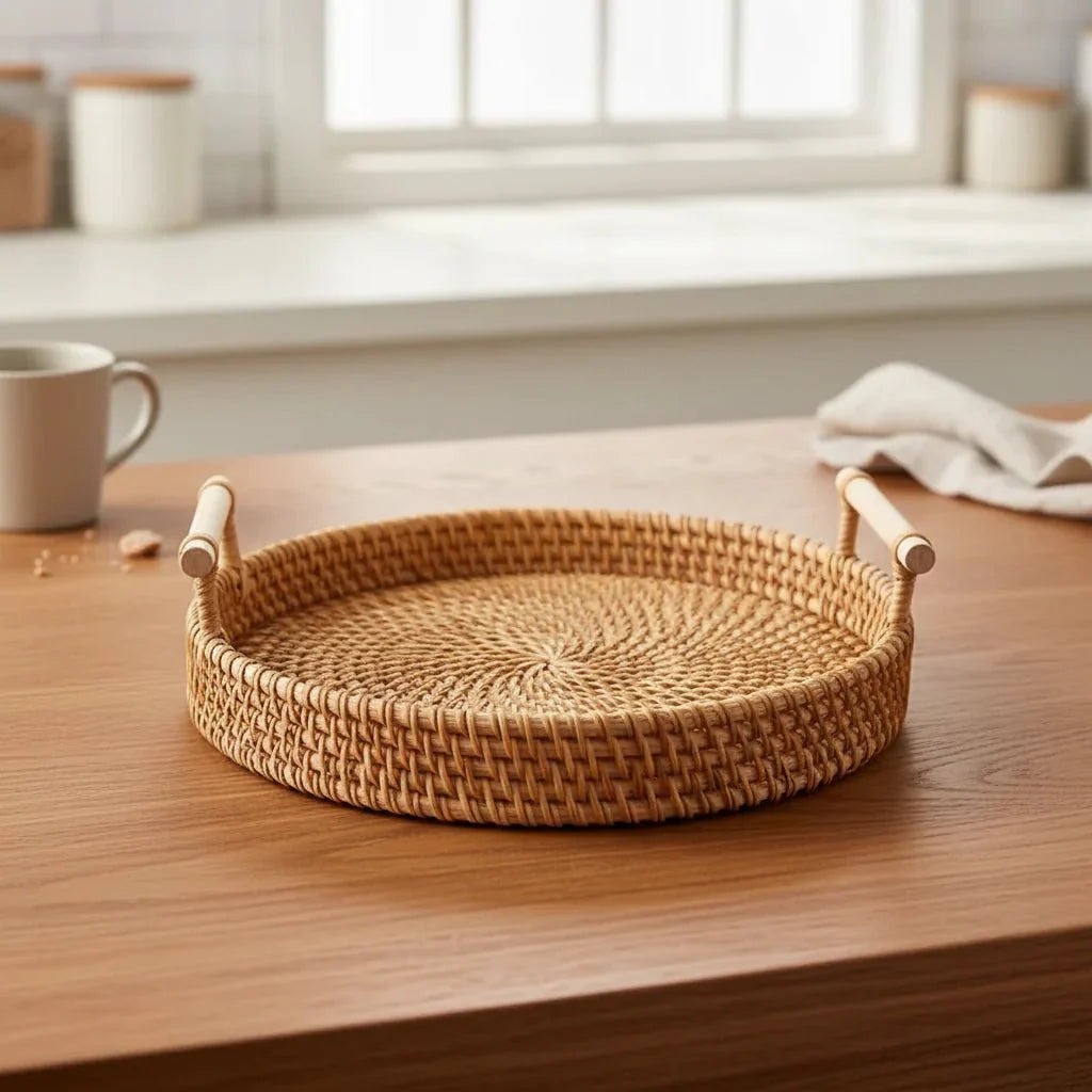 RUSTICPANTRY – Vassoio in Rattan Intrecciato a Mano & Cesto per Alimenti con Coperchio
