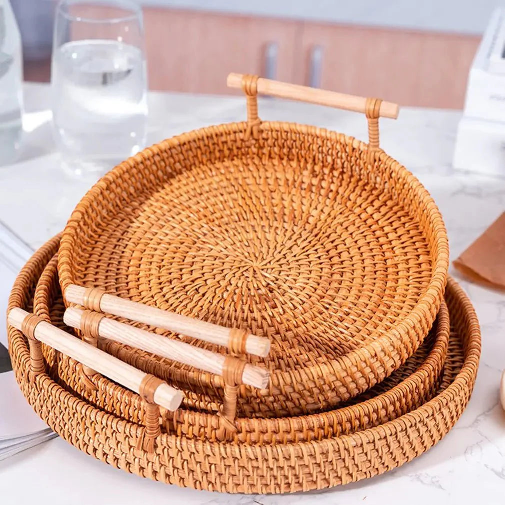 RUSTICPANTRY – Vassoio in Rattan Intrecciato a Mano & Cesto per Alimenti con Coperchio