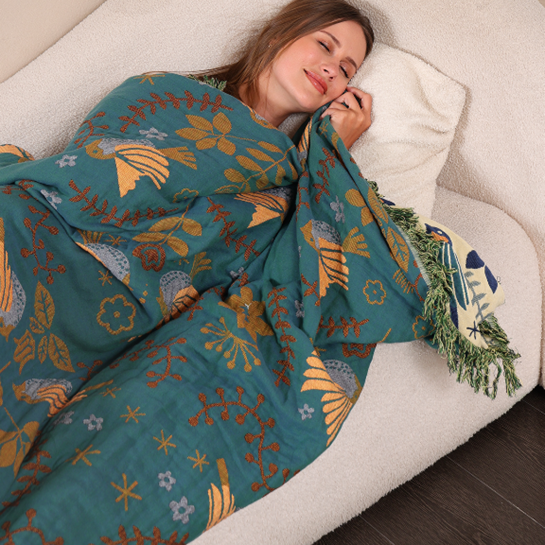 Coperta Reversibile Scandinava con Uccelli | Coperta in Cotone 100%